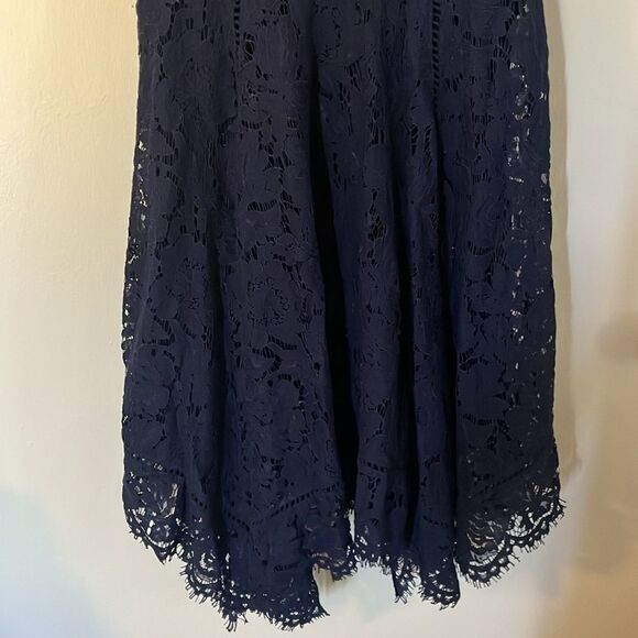 Isaac‎ Mizrahi Navy Blue Floral Lace Handkerchief Hem Midi Dress Sz XXS - Picture 7 of 10